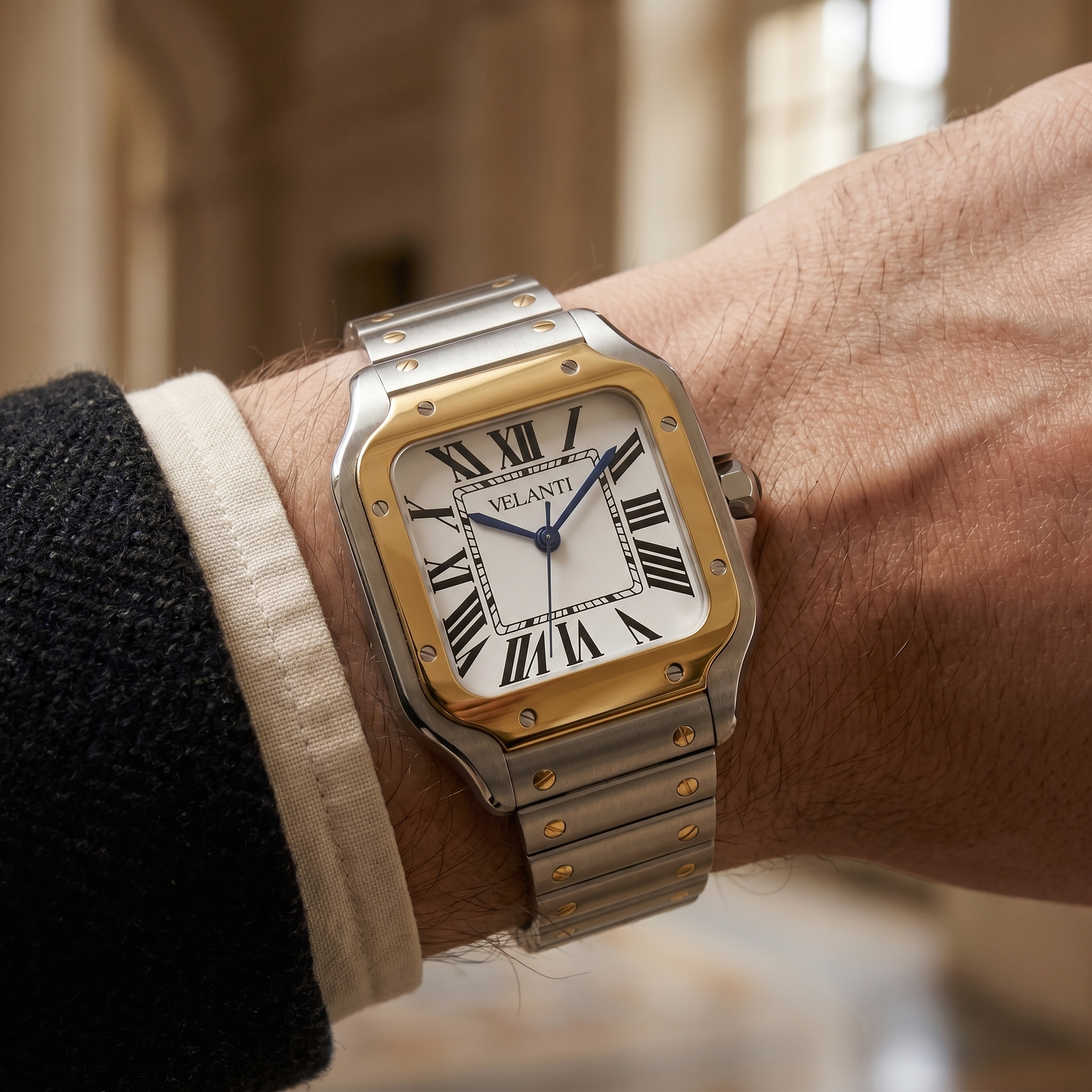 Santos-style custom mod watch, Velanti Milano Santvel Gold Silver, product photo 11
