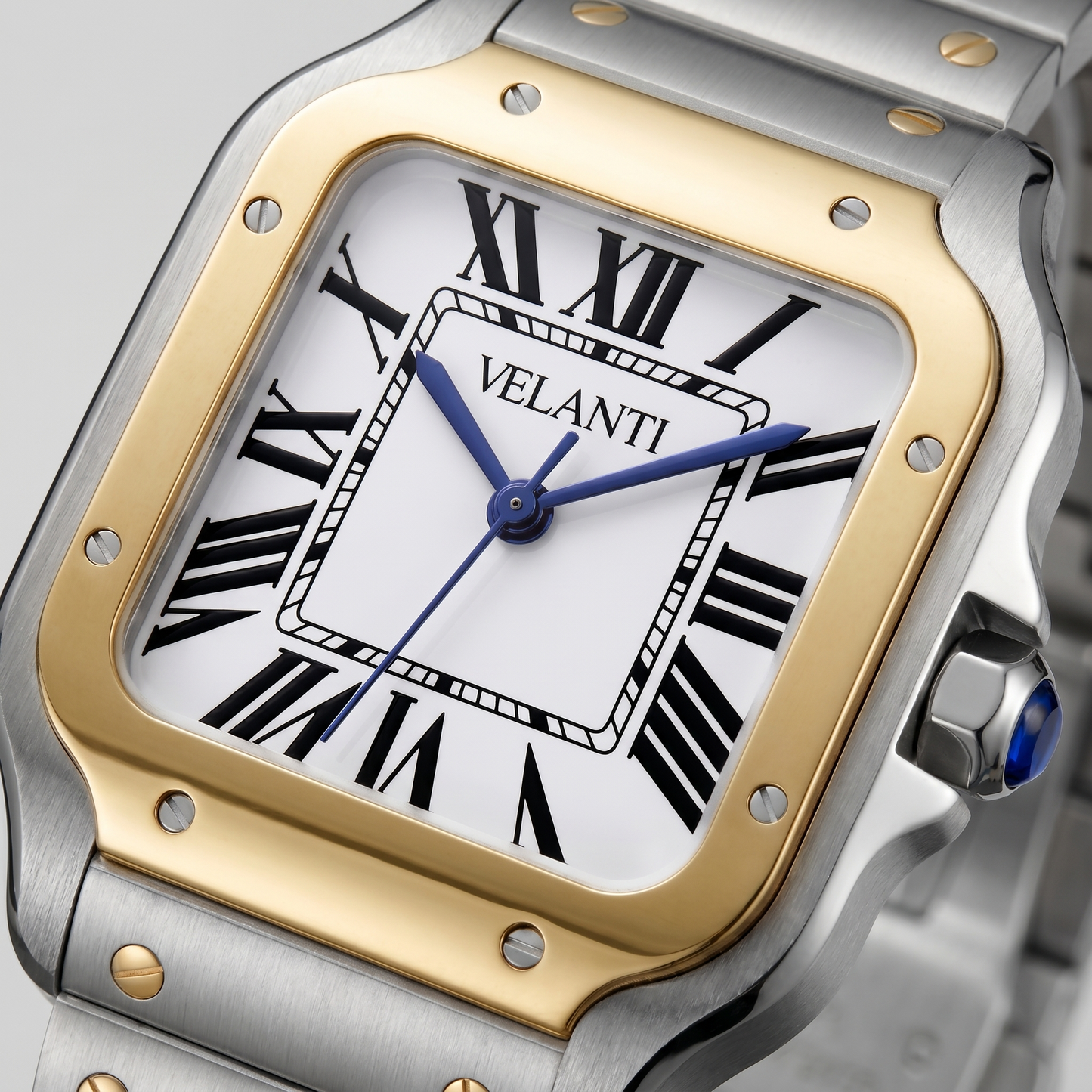 Santos-style custom automatic watch, Velanti Milano Santvel Gold Silver, watch detail photo