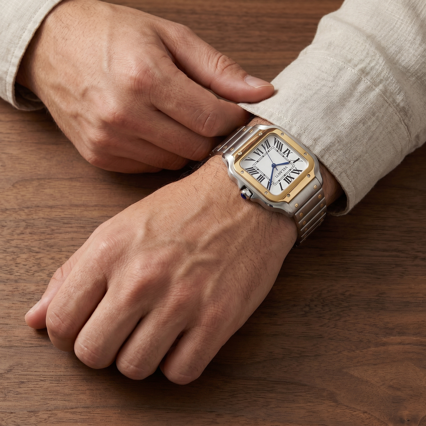 Santos-style custom mod watch, Velanti Milano Santvel Gold Silver worn on wrist photo 13