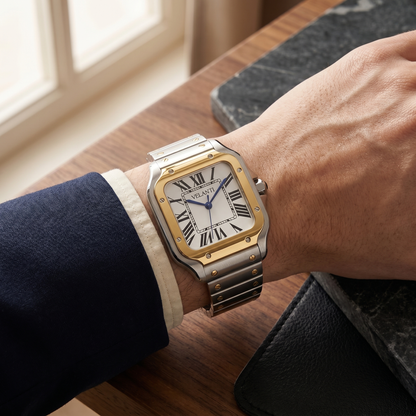 Santos-style custom mod watch, Velanti Milano Santvel Gold Silver worn on wrist photo 14