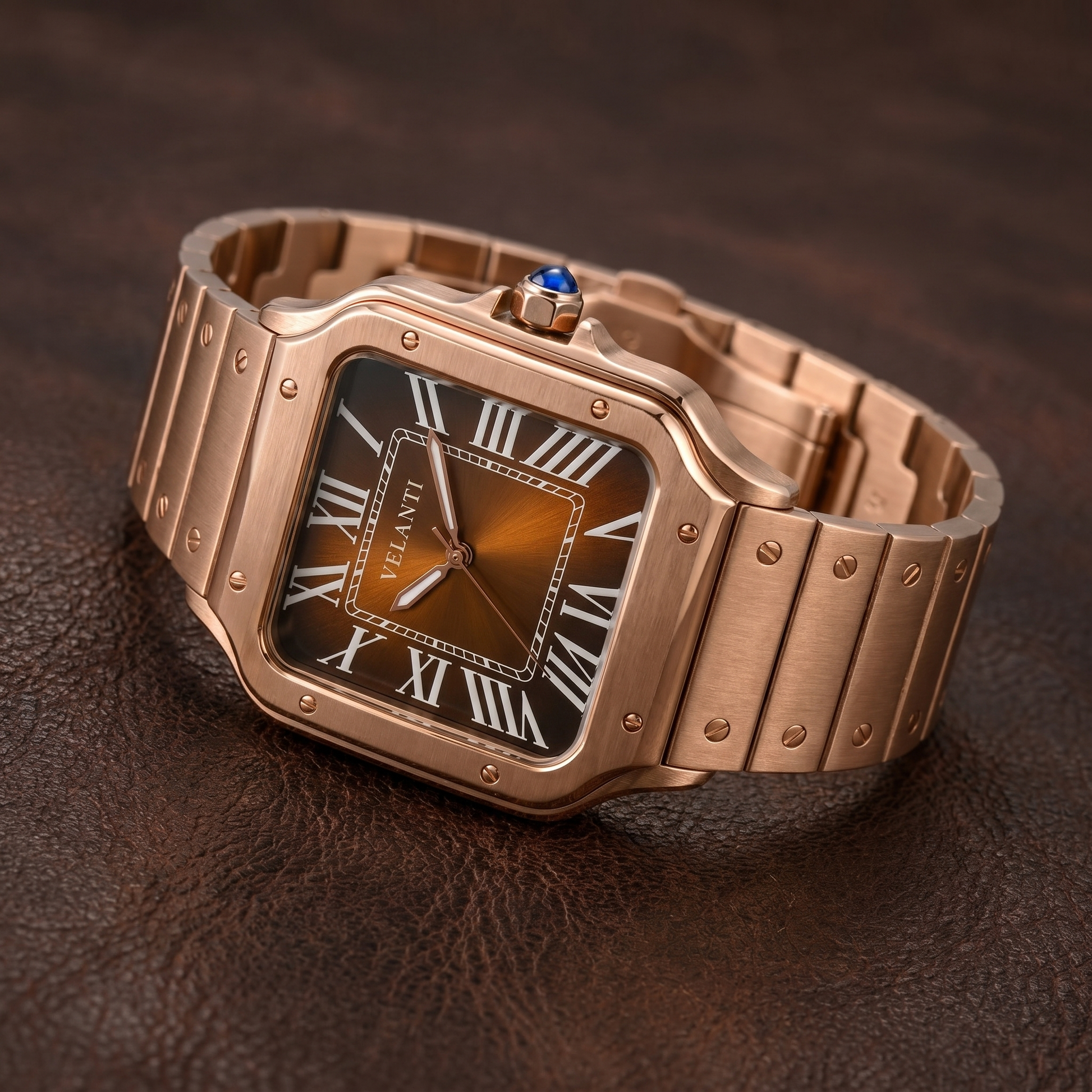Santos-style custom automatic watch, Velanti Milano Santvel Rose Gold Brown, bracelet detail photo