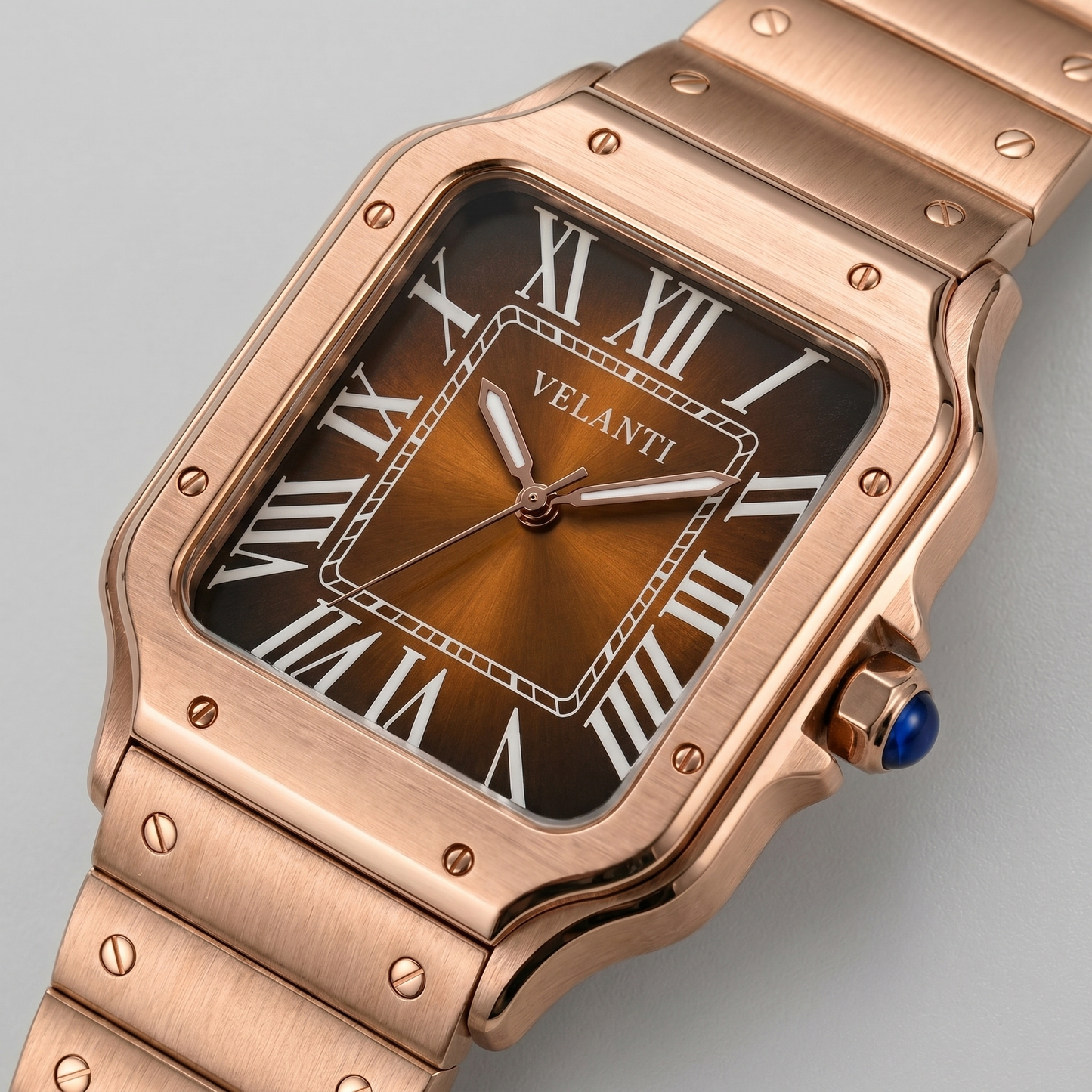 Santos-style custom automatic watch, Velanti Milano Santvel Rose Gold Brown, watch detail photo 7