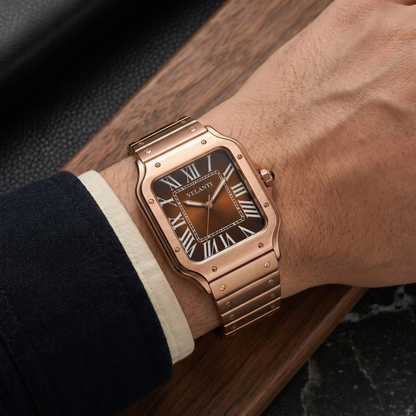 Santos-style custom mod watch, Velanti Milano Santvel Rose Gold Brown worn on wrist photo 10