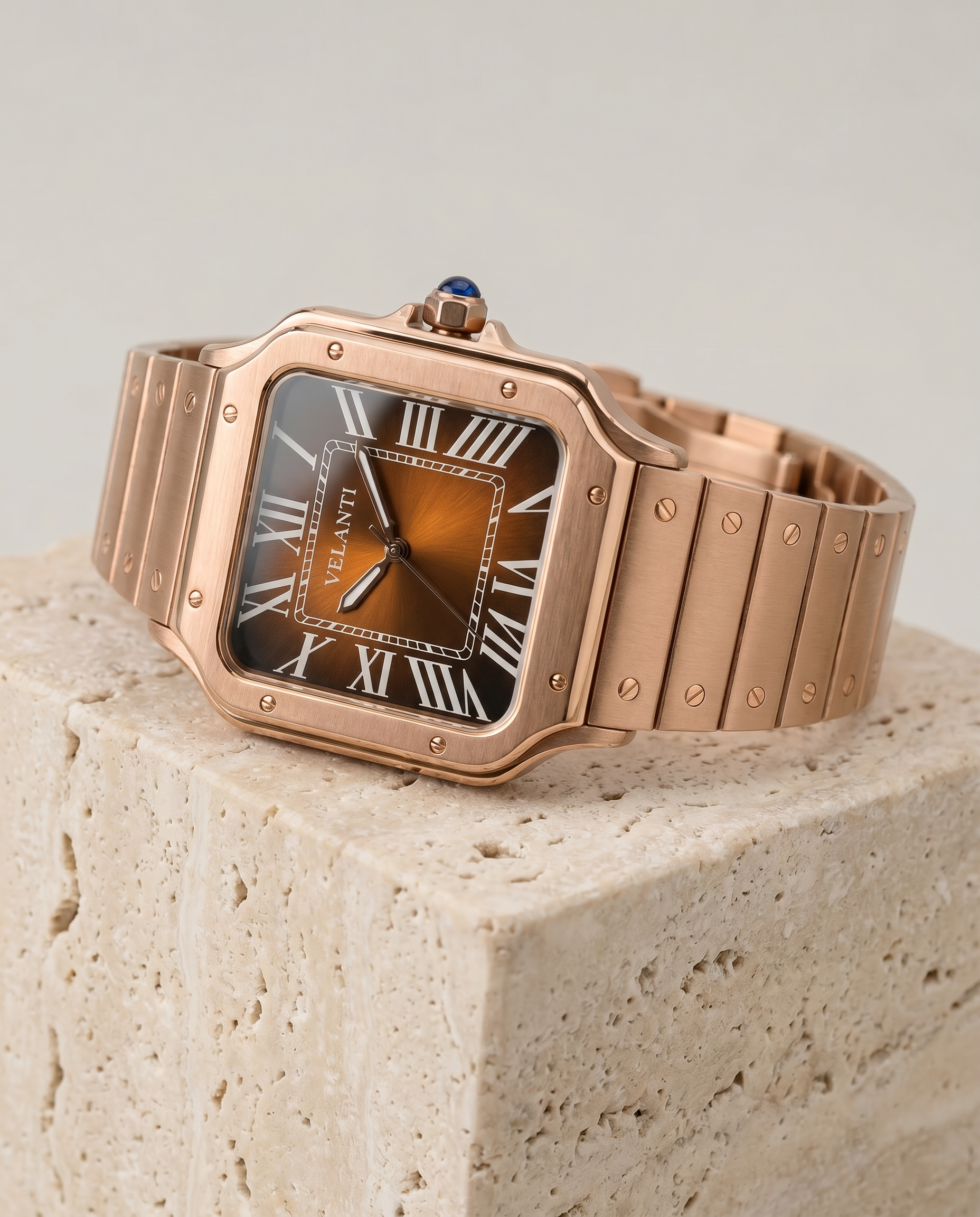 Santos-style custom mod watch, Velanti Milano Santvel Rose Gold Brown, product photo 2