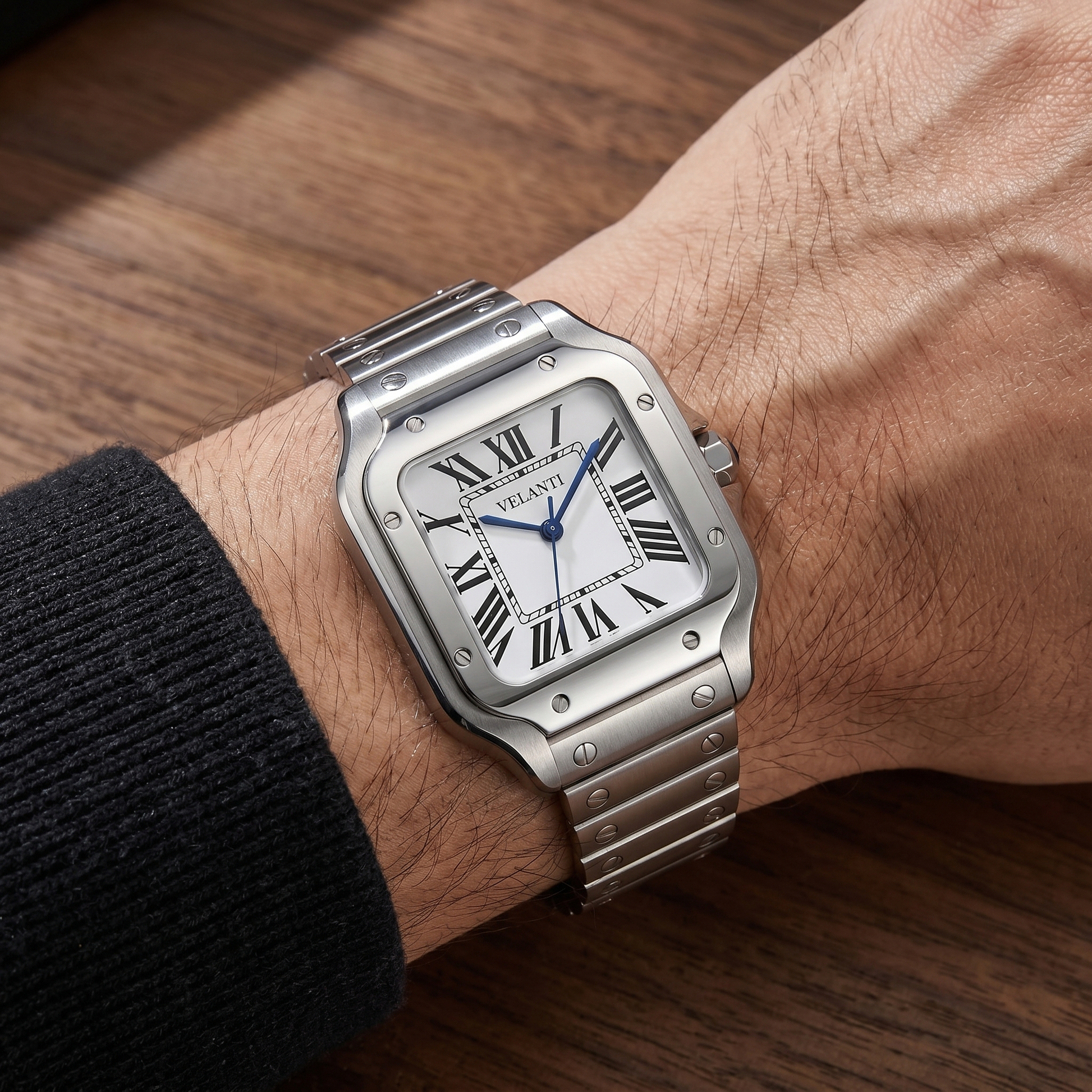 Santos-style custom mod watch, Velanti Milano Santvel White worn on wrist photo 8