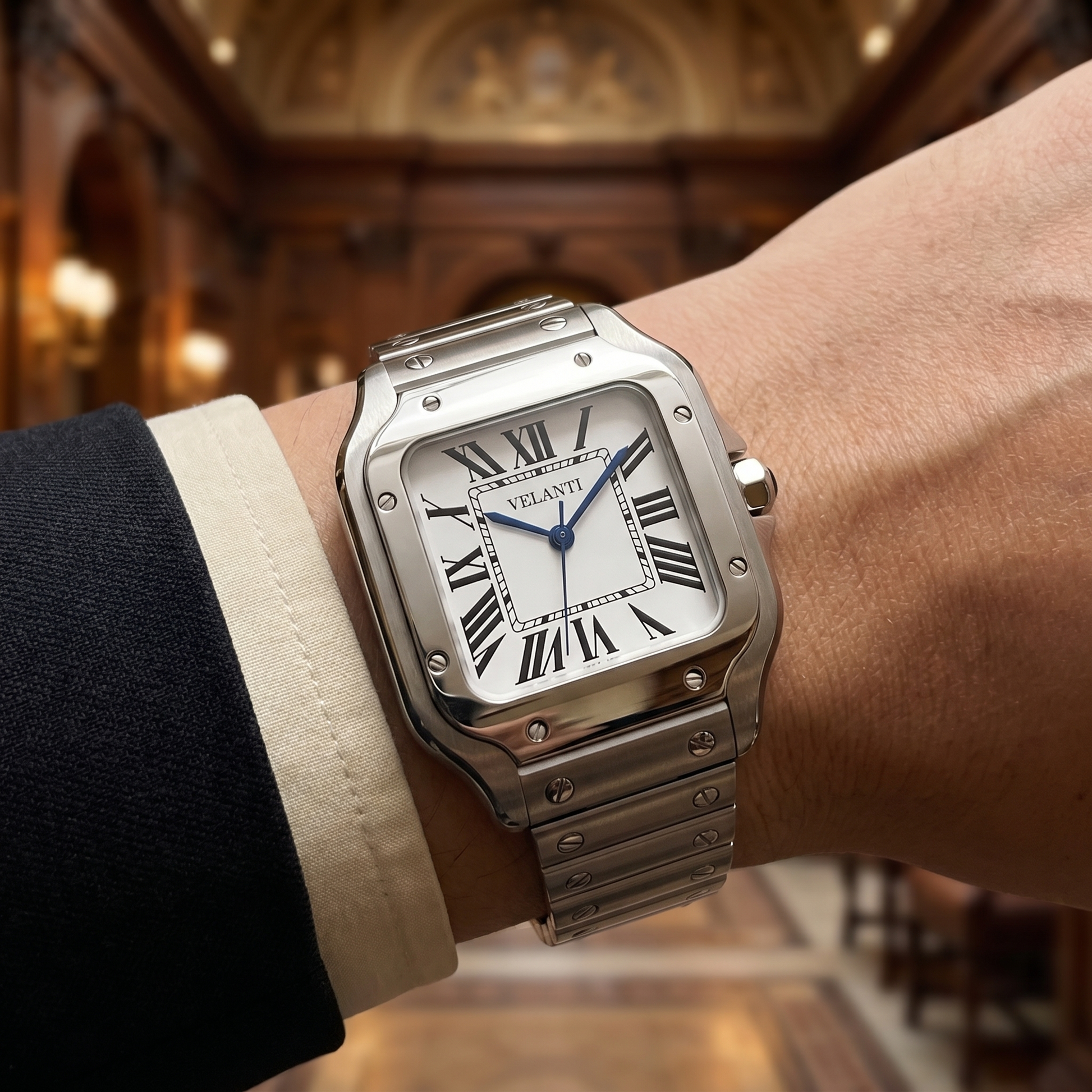 Santos-style custom mod watch, Velanti Milano Santvel White, product photo 10