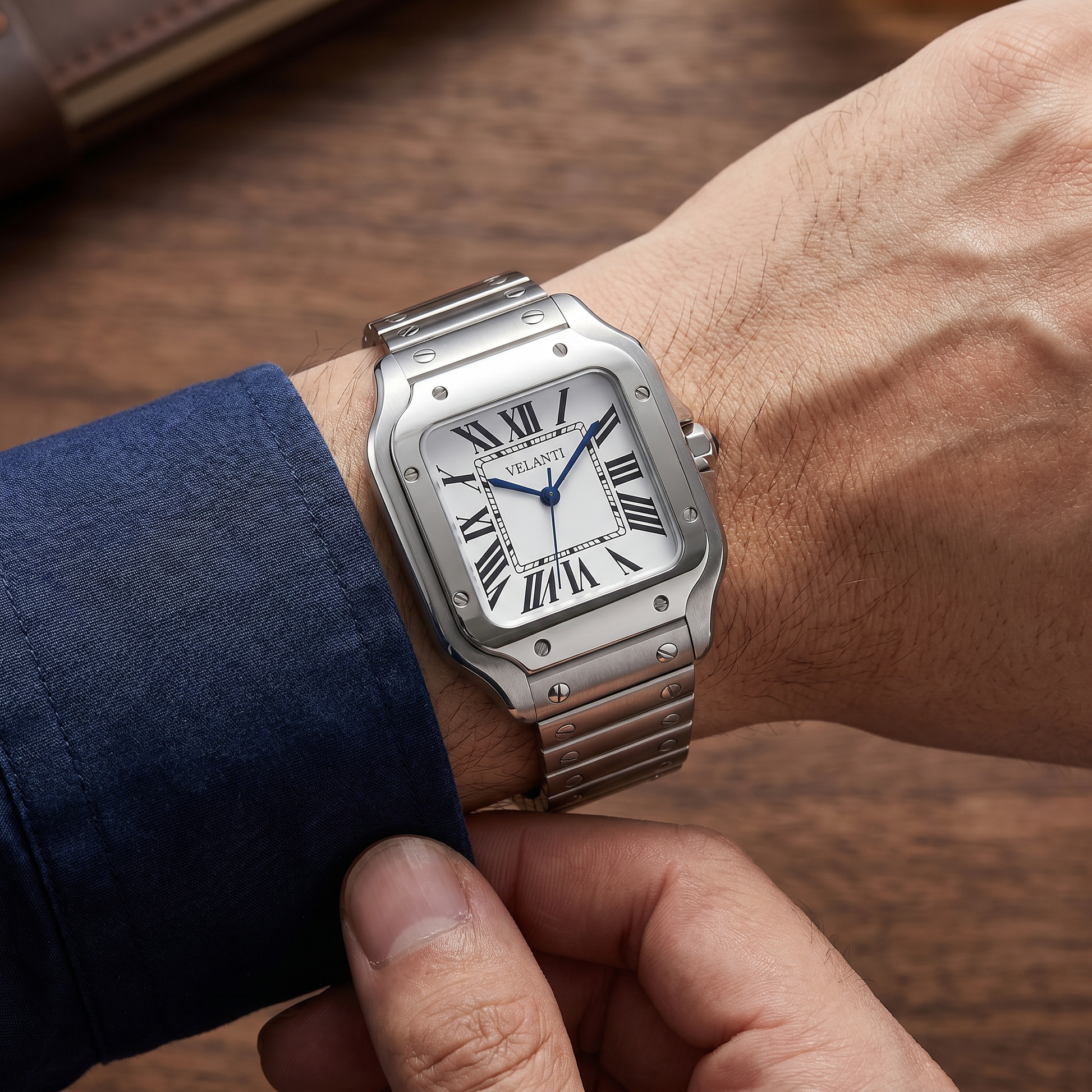 Santos-style custom mod watch, Velanti Milano Santvel White worn on wrist photo 12