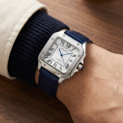 Santos-style custom mod watch, Velanti Milano Santvel White Blue Leather, product photo 6