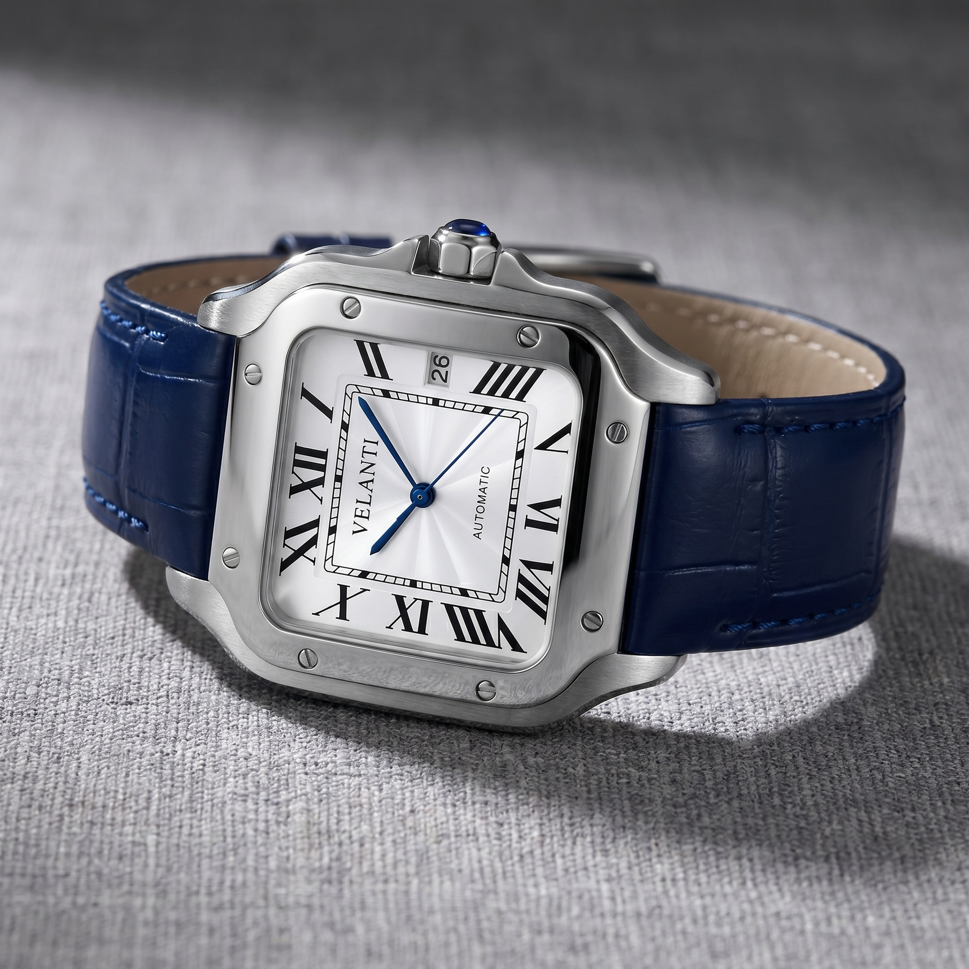 Santos-style custom automatic watch, Velanti Milano Santvel White Blue Leather, bracelet detail photo