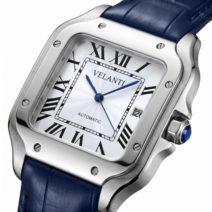 Santos-style custom automatic watch, Velanti Milano Santvel White Blue Leather, watch detail photo