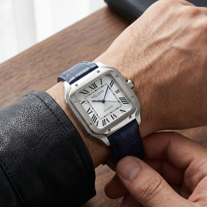 Santos-style custom mod watch, Velanti Milano Santvel White Blue Leather worn on wrist photo 10