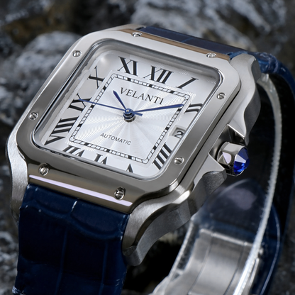 Santos-style custom mod watch, Velanti Milano Santvel White Blue Leather, product photo 4