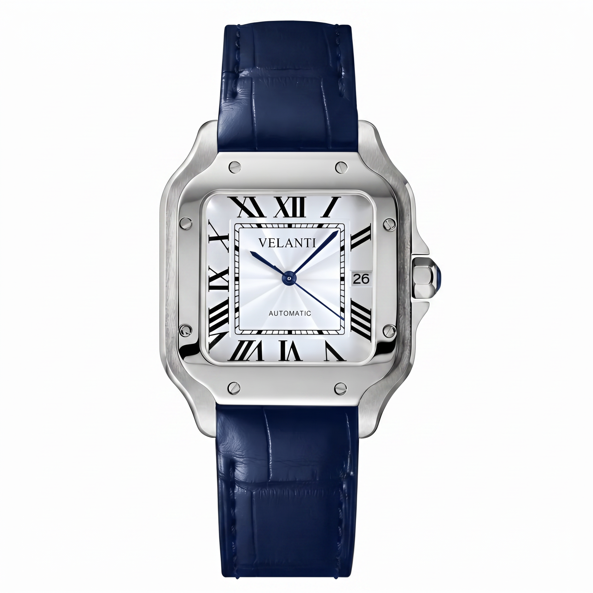 Santos-style custom mod watch, Velanti Milano Santvel White Blue Leather, main product photo