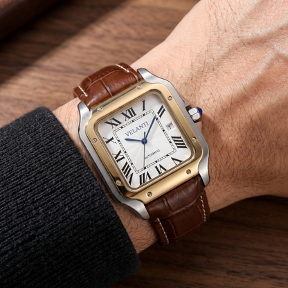 Santos-style custom mod watch, Velanti Milano Santvel White Brown Leather worn on wrist photo 7