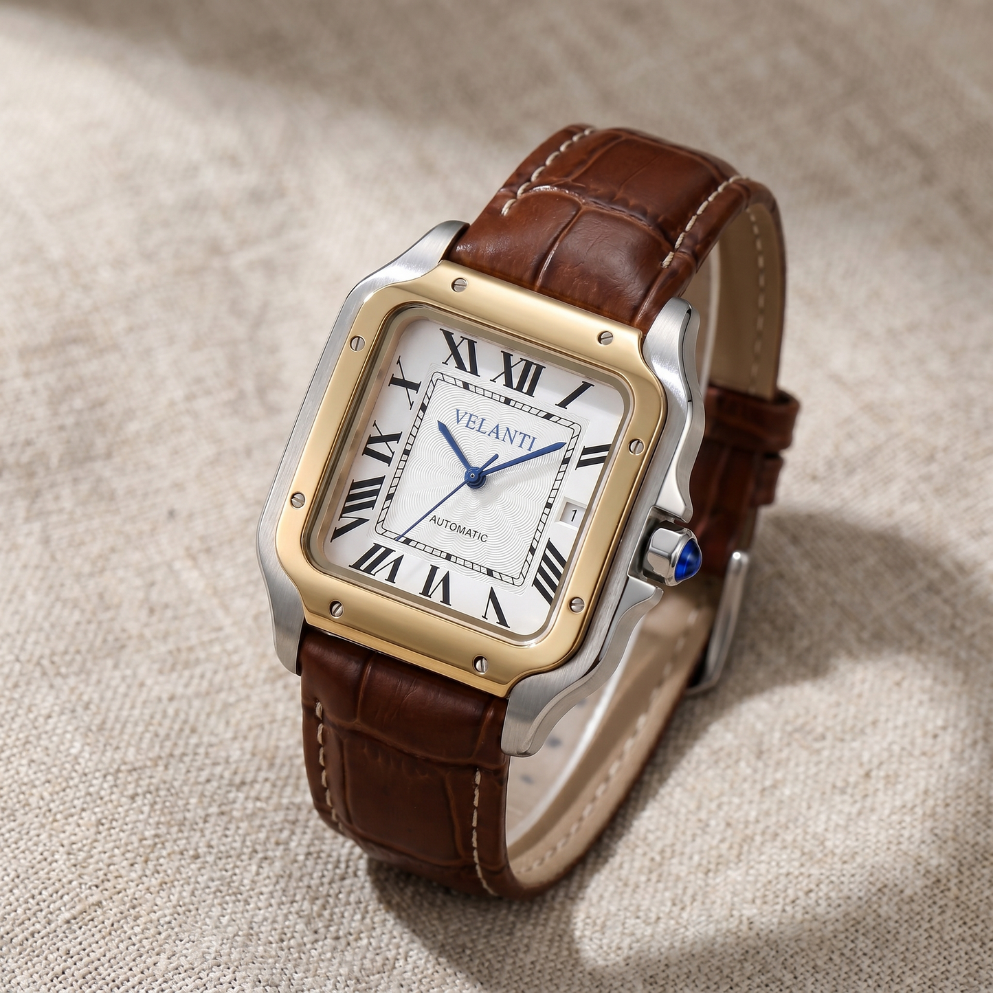 Santos-style custom automatic watch, Velanti Milano Santvel White Brown Leather, bracelet detail photo