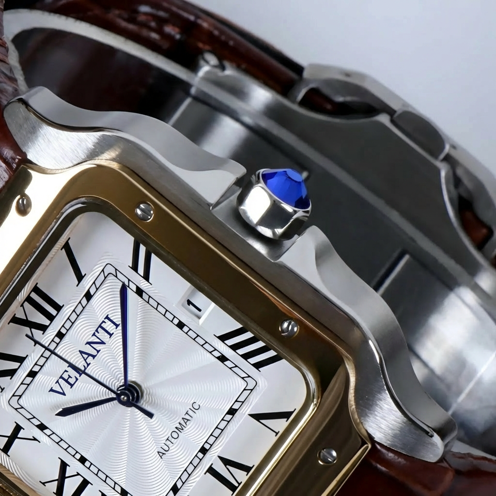 Santos-style custom mod watch, Velanti Milano Santvel White Brown Leather, product photo 5