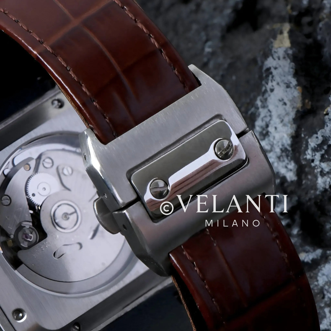 Santos-style custom mod watch, Velanti Milano Santvel White Brown Leather, product photo 4