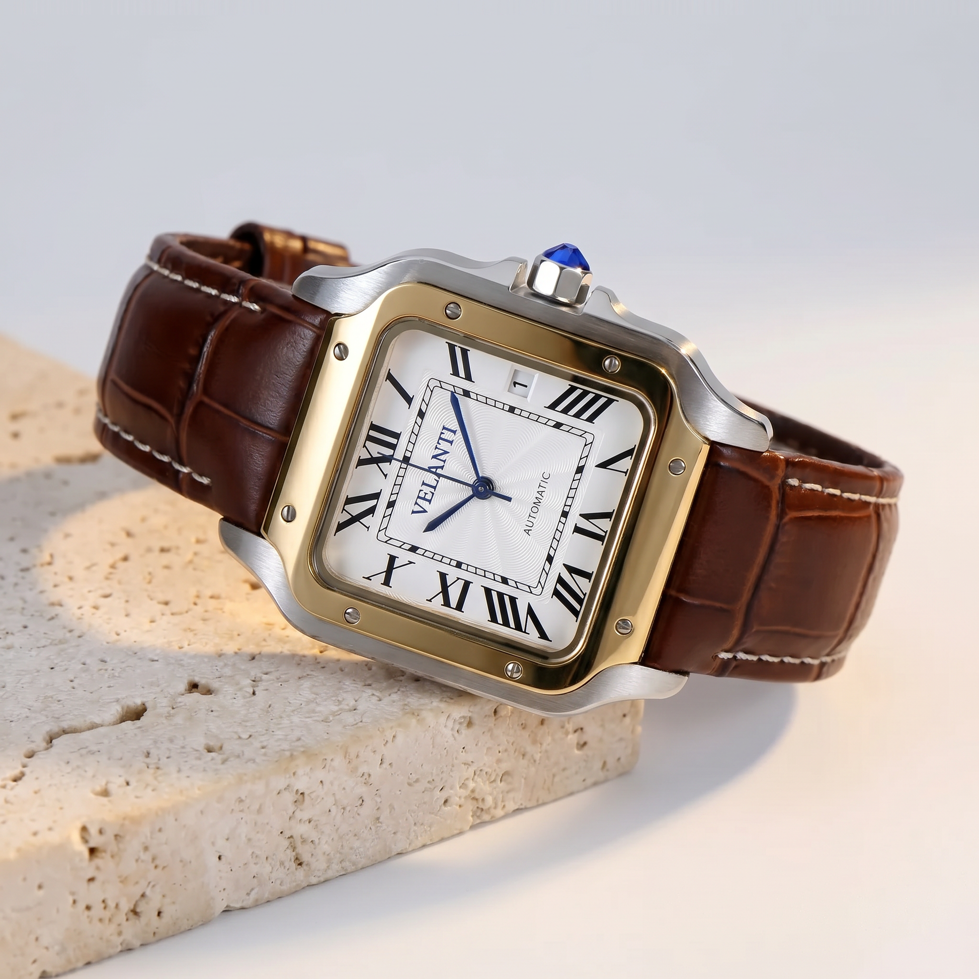 Santos-style custom mod watch, Velanti Milano Santvel White Brown Leather, product photo 2