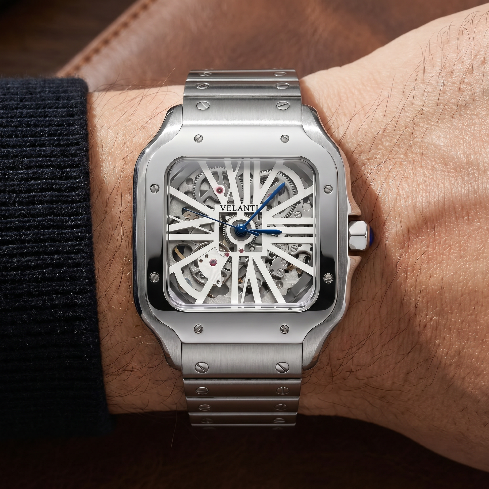 Santos-style custom mod watch, Velanti Milano Santvel White Skeleton worn on wrist photo 3