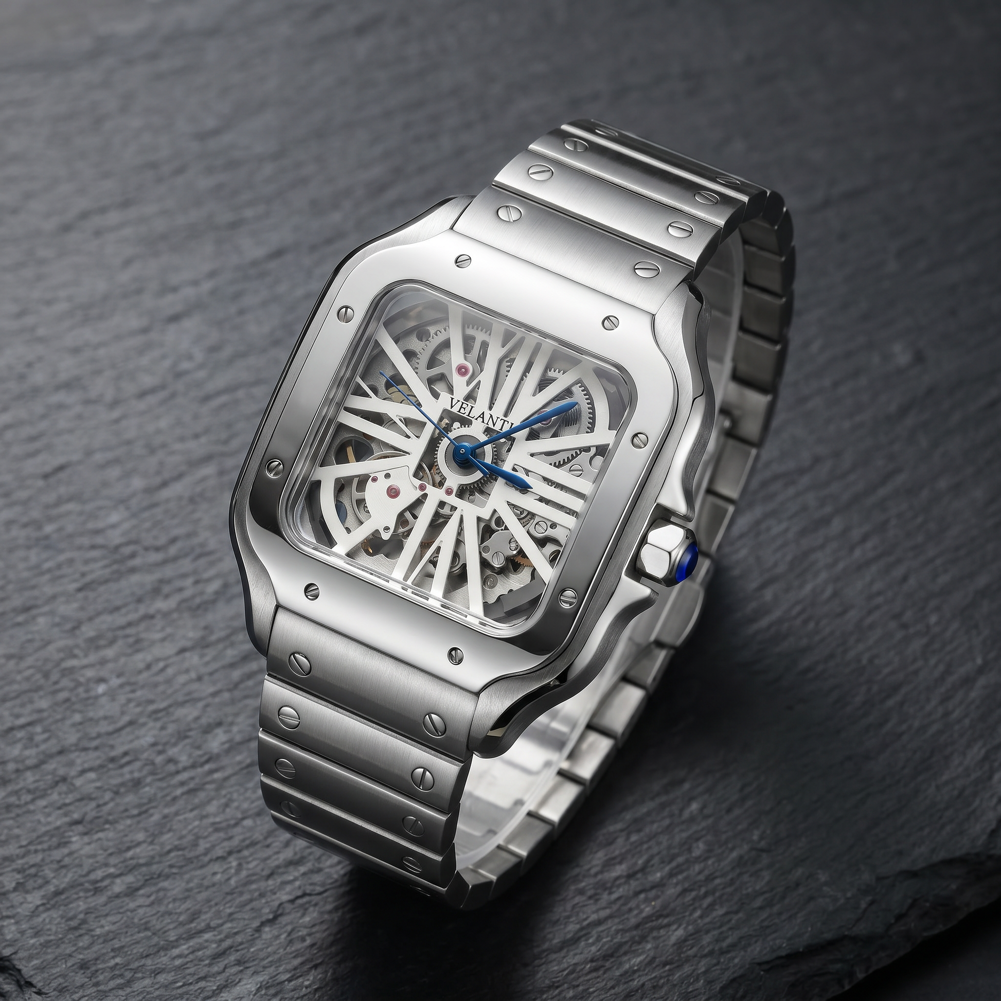 Santos-style custom automatic watch, Velanti Milano Santvel White Skeleton, bracelet detail photo