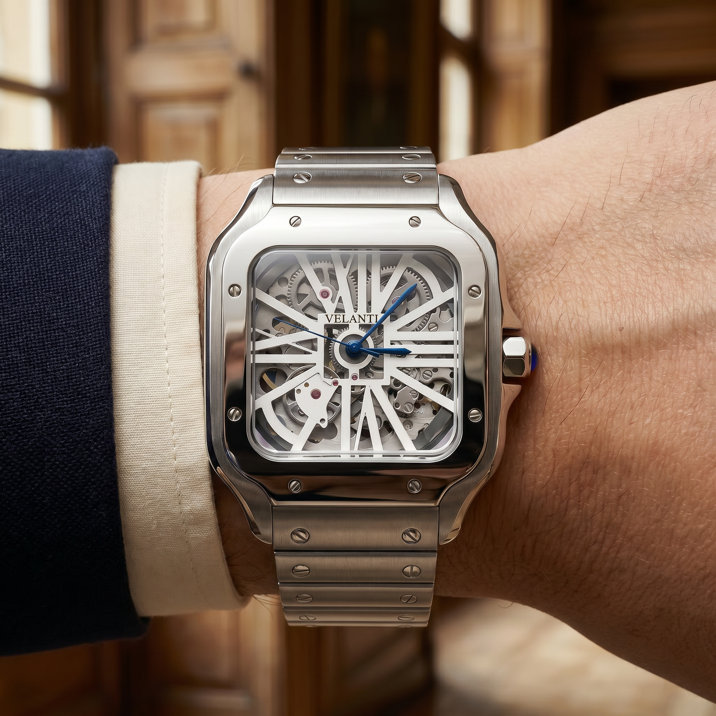 Santos-style custom mod watch, Velanti Milano Santvel White Skeleton, product photo 6