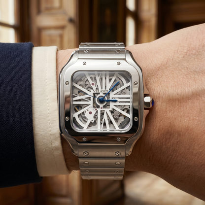 Santos-style custom mod watch, Velanti Milano Santvel White Skeleton, product photo 6