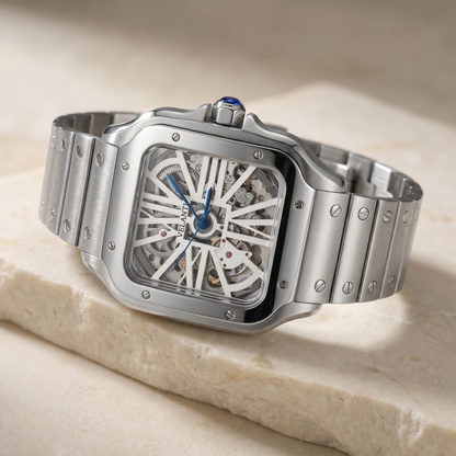 Santos-style custom automatic watch, Velanti Milano Santvel White Skeleton, watch detail photo 10