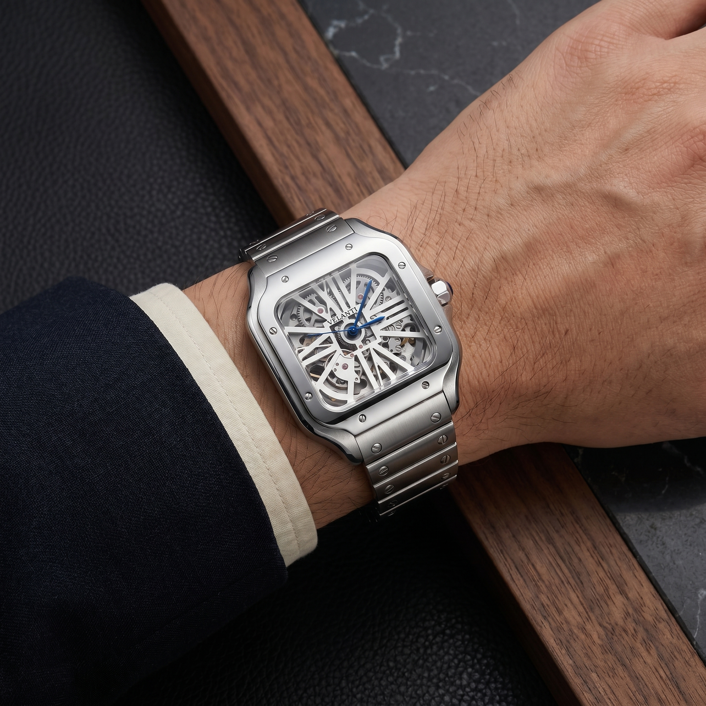 Santos-style custom mod watch, Velanti Milano Santvel White Skeleton worn on wrist photo 11