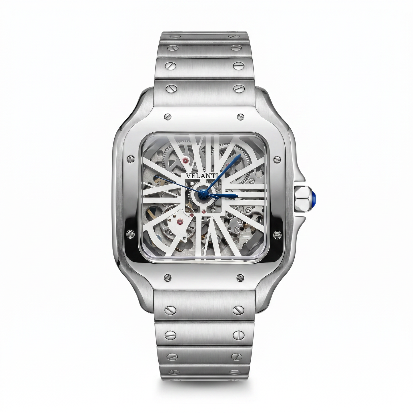 Santos-style custom mod watch, Velanti Milano Santvel White Skeleton, main product photo