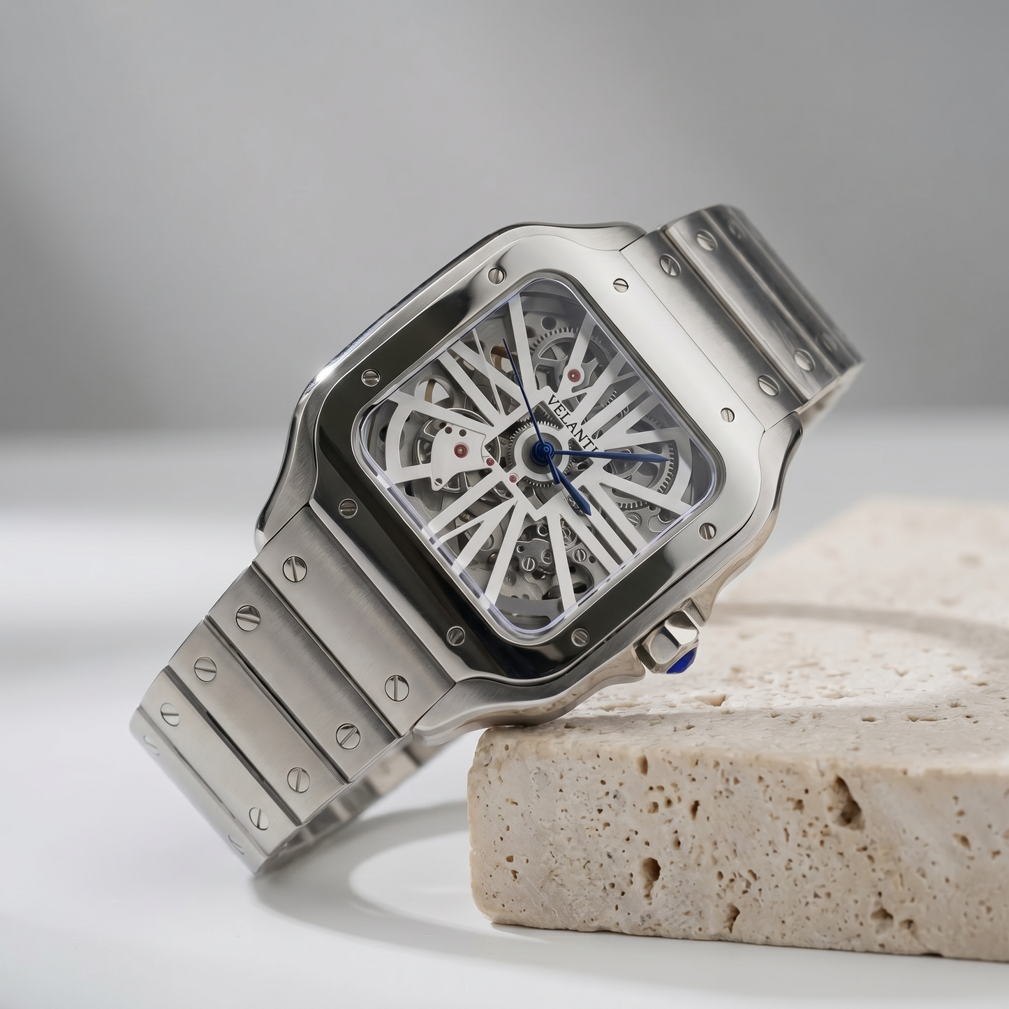 Santos-style custom mod watch, Velanti Milano Santvel White Skeleton, product photo 2