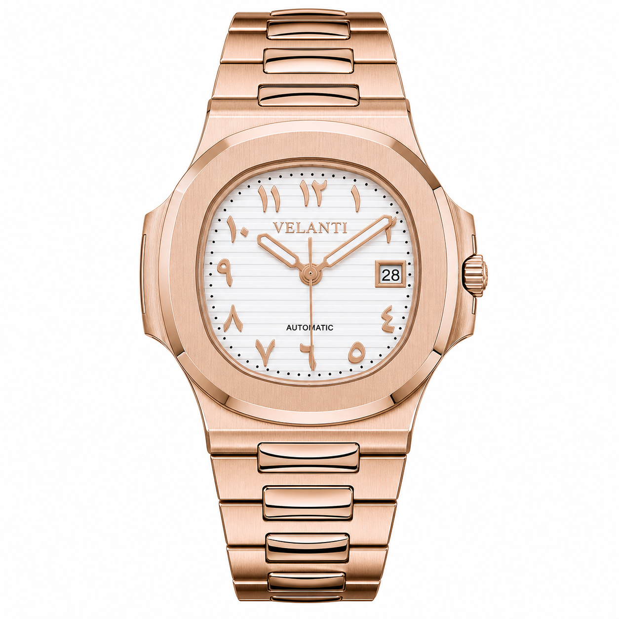 Nautilus-style custom mod watch, Velanti Milano Nautvel Arabic Rose Gold White, main product photo