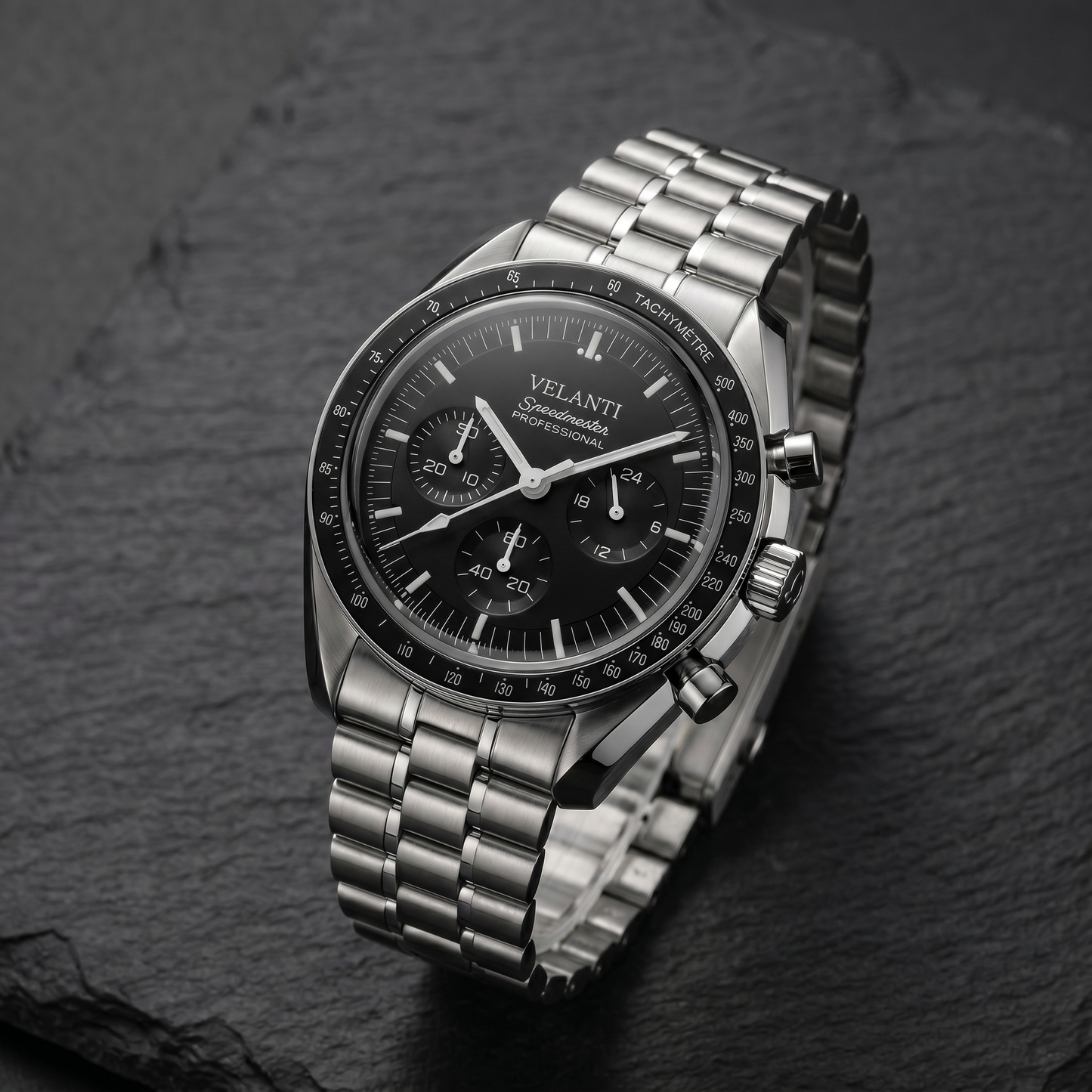 Speedmaster-style custom chronograph watch, Velanti Milano Speedvel Black, bracelet detail photo