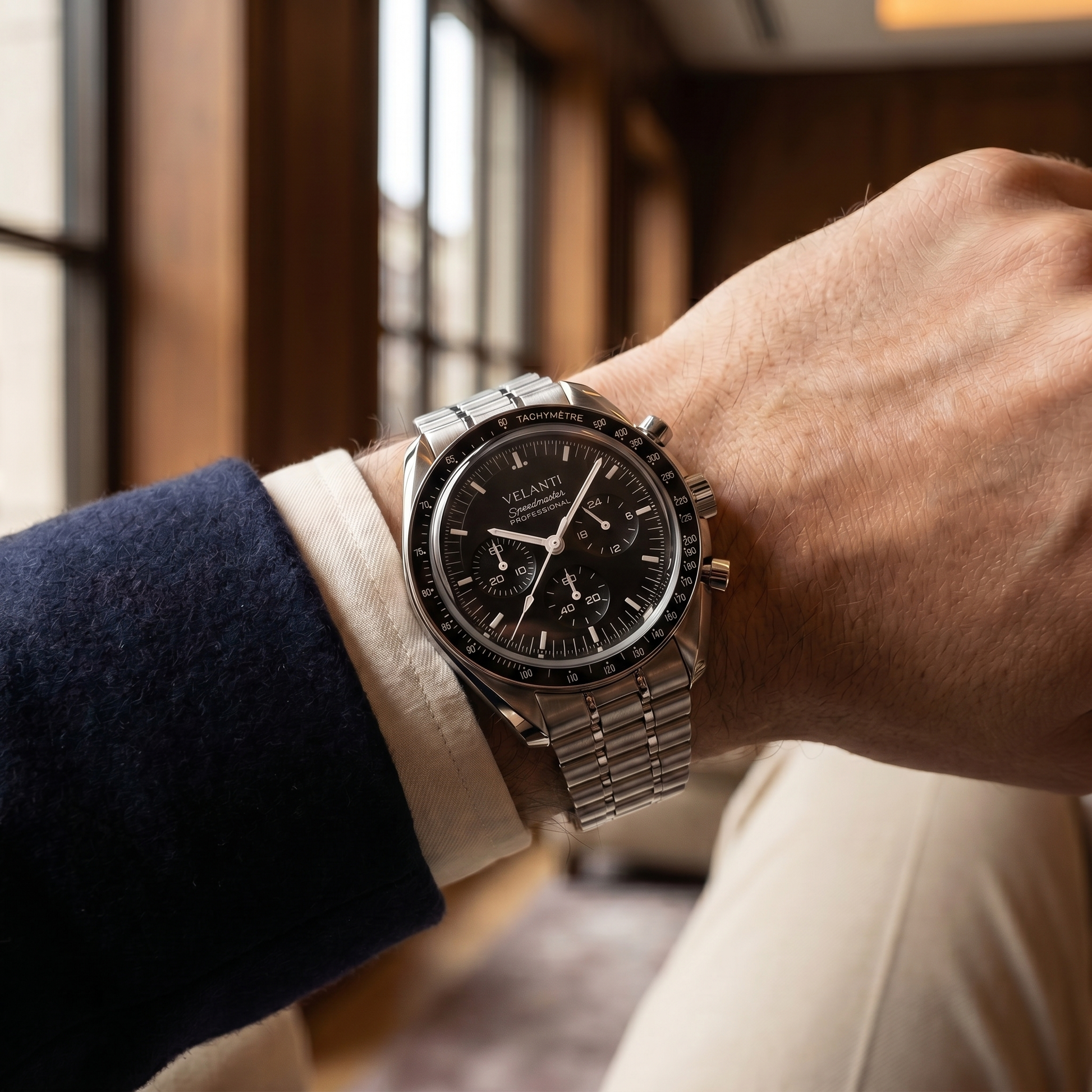 Speedmaster-style custom chronograph watch, Velanti Milano Speedvel Black, product photo 8