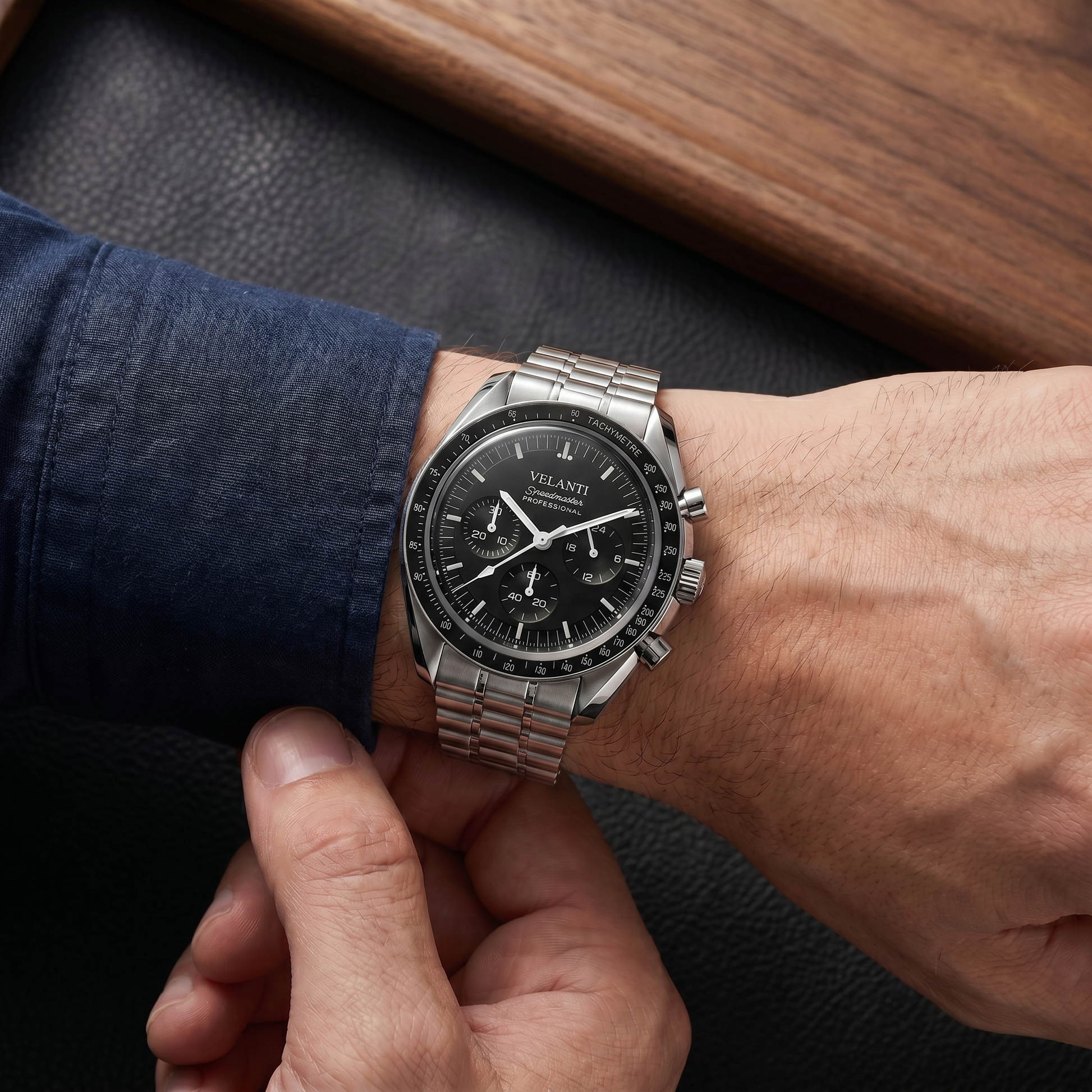 Speedmaster-style custom chronograph watch, Velanti Milano Speedvel Black worn on wrist