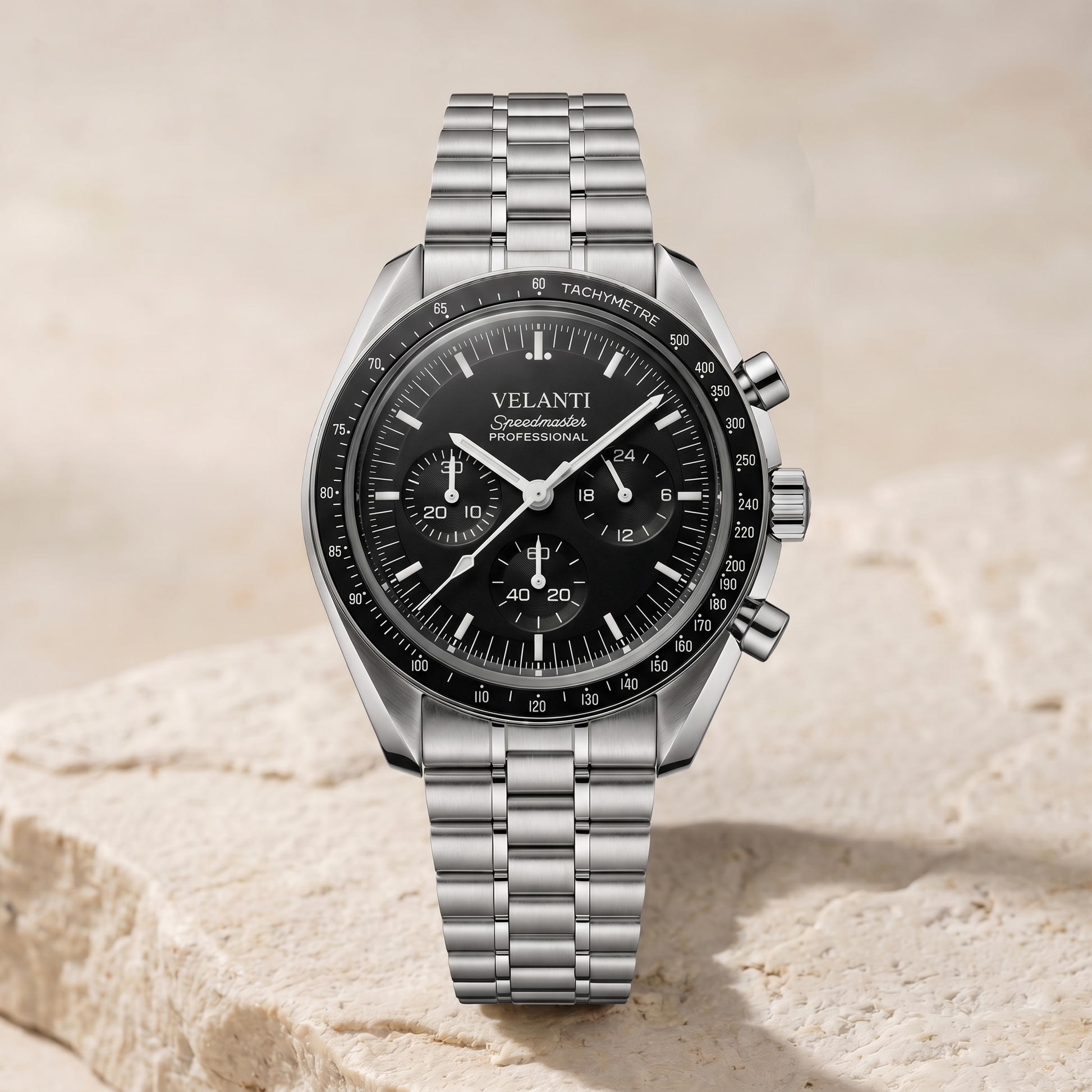 Speedmaster-style custom chronograph watch, Velanti Milano Speedvel Black, watch detail photo 11