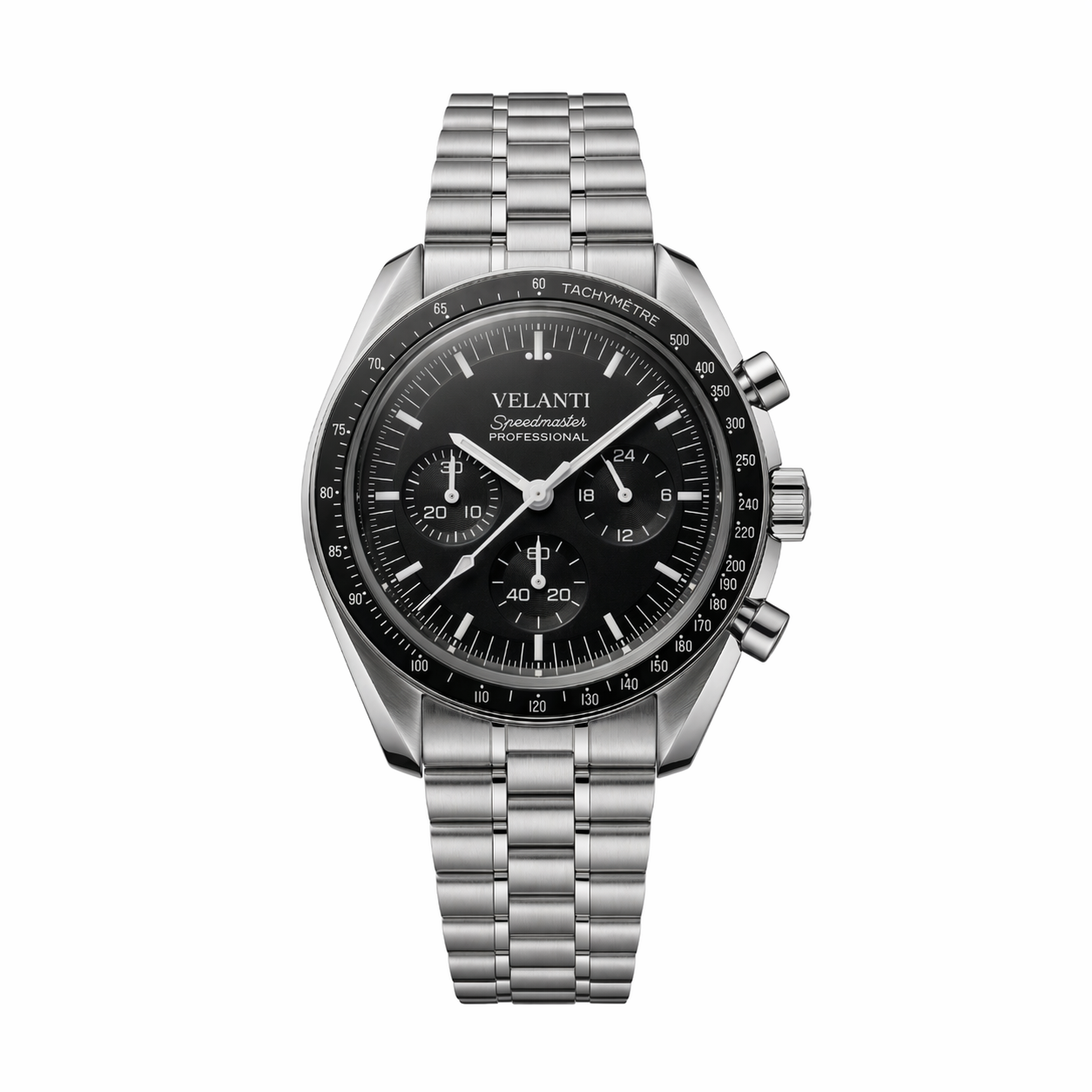 Speedmaster-style custom chronograph watch, Velanti Milano Speedvel Black, main product photo