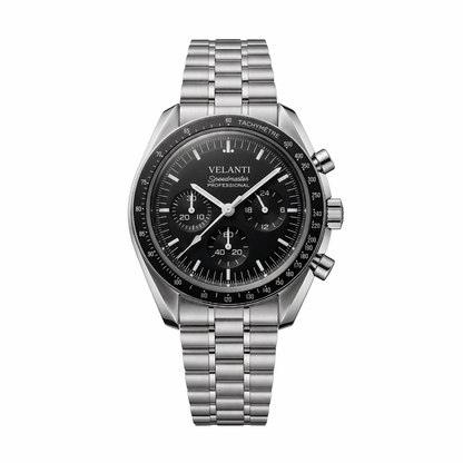 Speedmaster-style custom chronograph watch, Velanti Milano Speedvel Black, main product photo