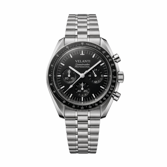 Speedmaster-style custom chronograph watch, Velanti Milano Speedvel Black, main product photo