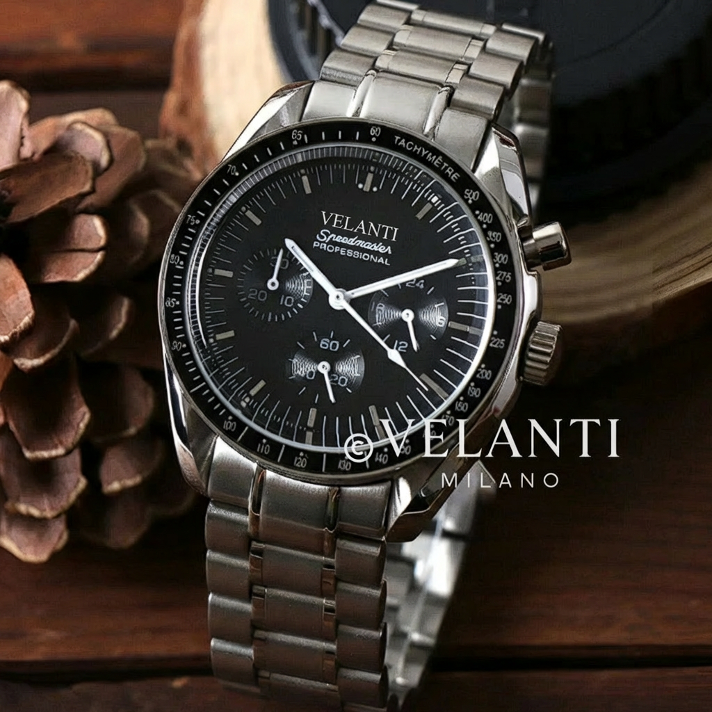 Speedmaster-style custom chronograph watch, Velanti Milano Speedvel Black, product photo 2
