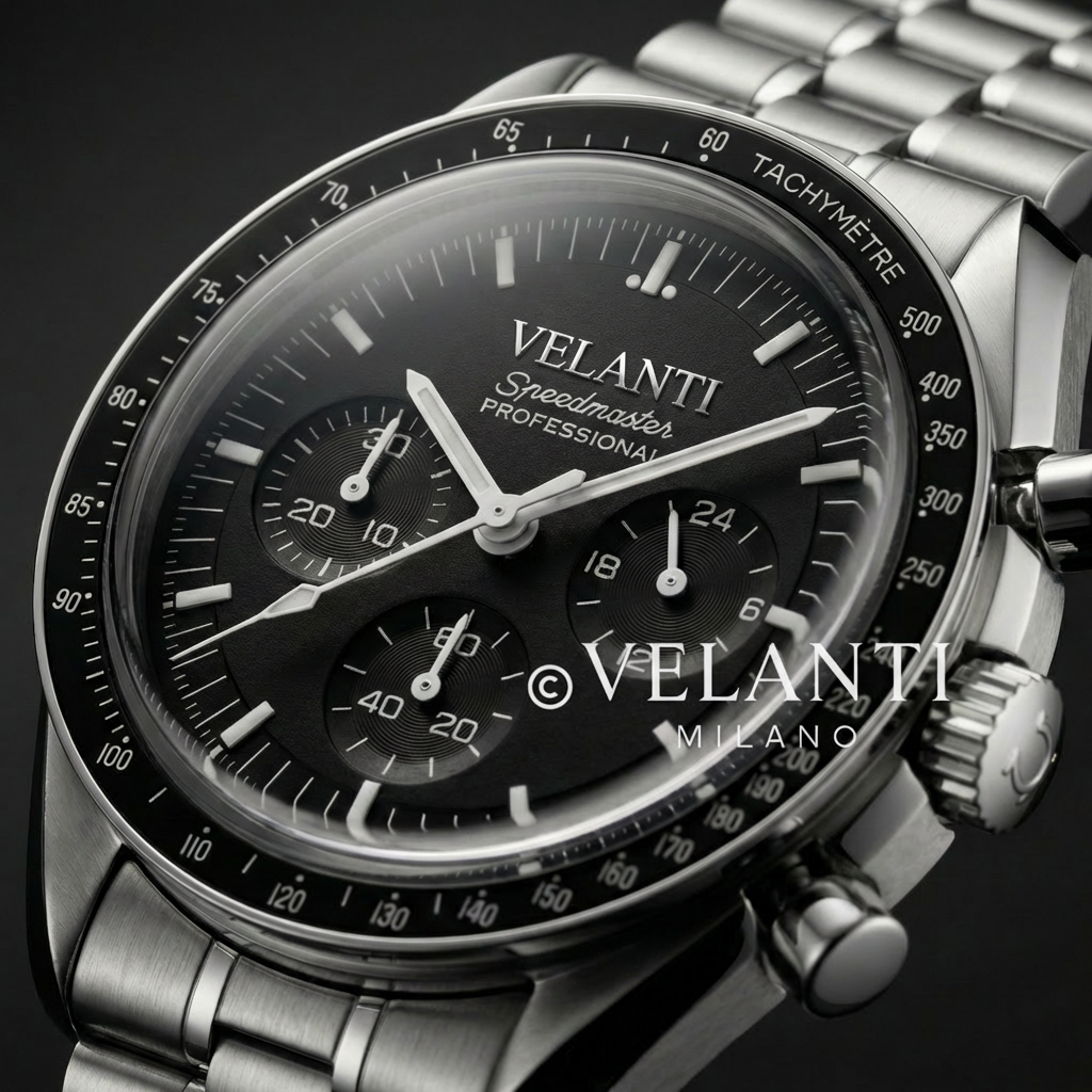 Speedmaster-style custom chronograph watch, Velanti Milano Speedvel Black, product photo 4