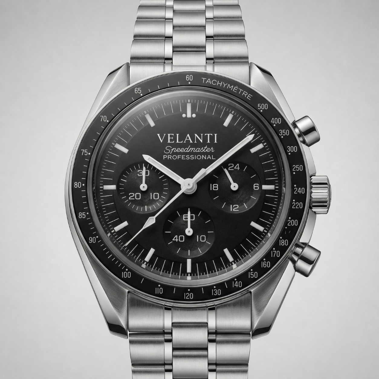 Speedmaster-style custom chronograph watch, Velanti Milano Speedvel Black, product photo 5