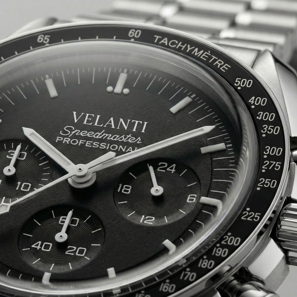 Speedmaster-style custom chronograph watch, Velanti Milano Speedvel Black, product photo 6