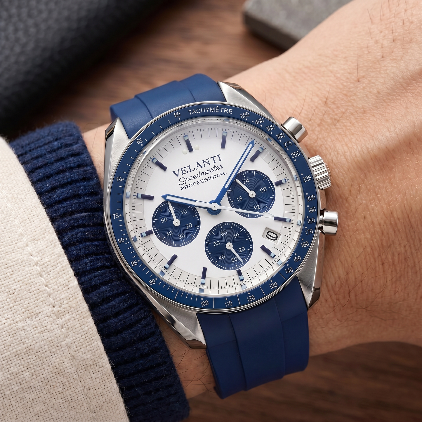 Speedmaster-style custom chronograph watch, Velanti Milano Speedvel Snoopy Blue, product photo 6
