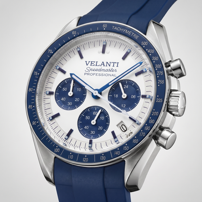 Speedmaster-style custom chronograph watch, Velanti Milano Speedvel Snoopy Blue, watch detail photo 8