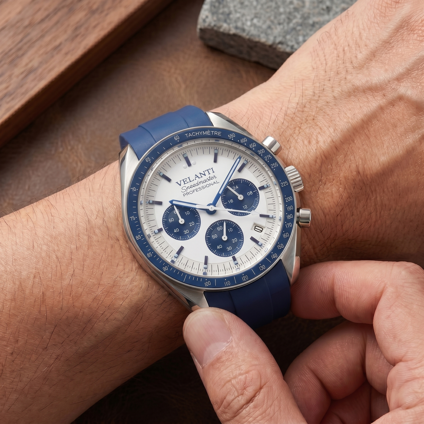Speedmaster-style custom chronograph watch, Velanti Milano Speedvel Snoopy Blue worn on wrist