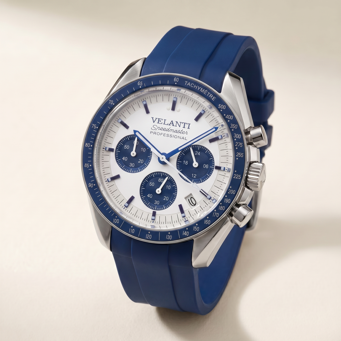 Speedmaster-style custom chronograph watch, Velanti Milano Speedvel Snoopy Blue, watch detail photo 10