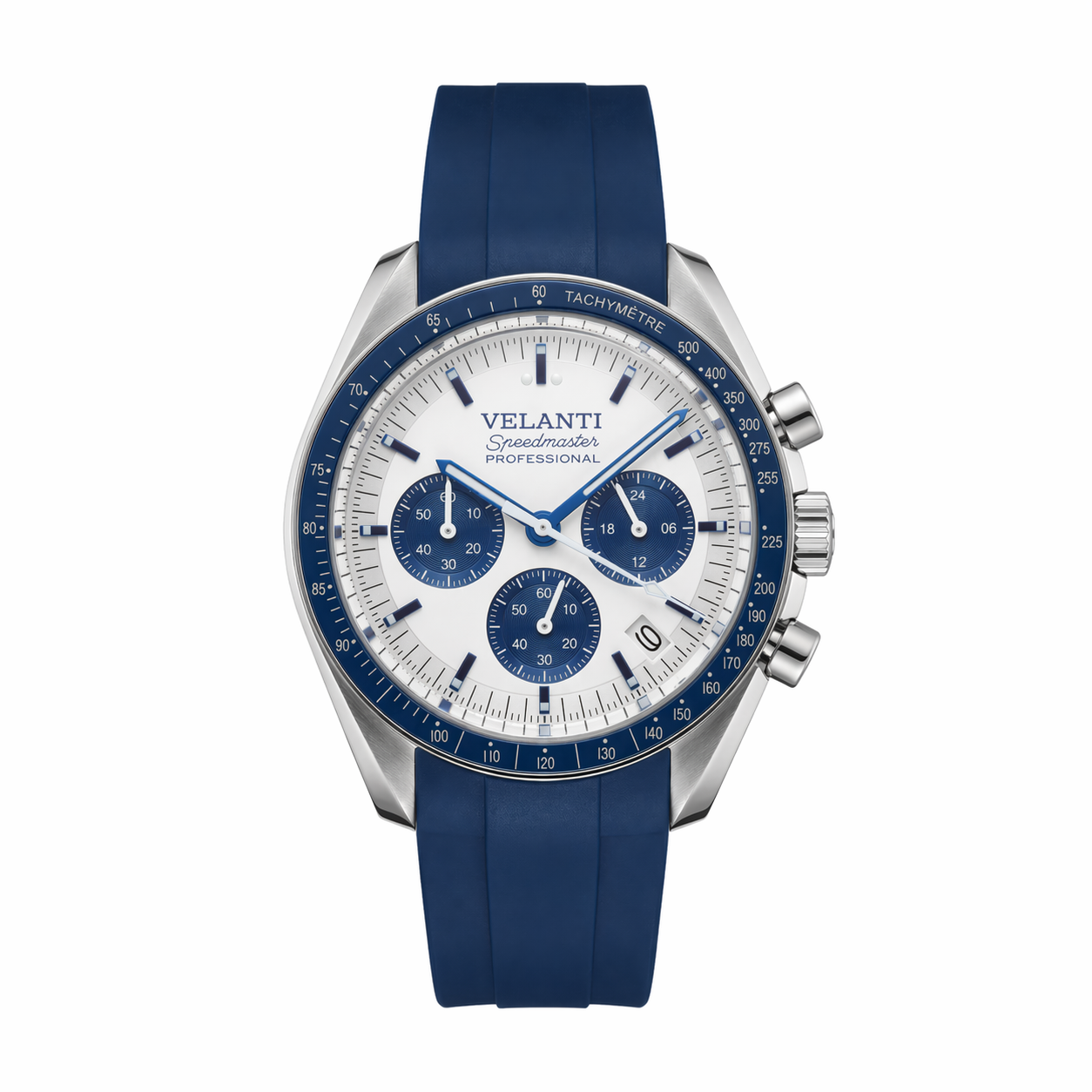 Speedmaster-style custom chronograph watch, Velanti Milano Speedvel Snoopy Blue, main product photo