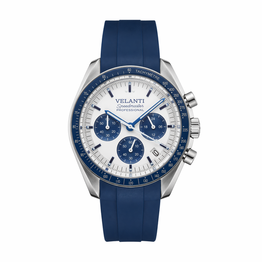 Speedmaster-style custom chronograph watch, Velanti Milano Speedvel Snoopy Blue, main product photo