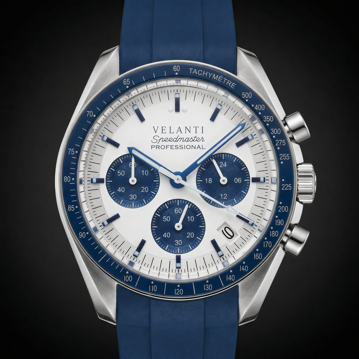 Speedmaster-style custom chronograph watch, Velanti Milano Speedvel Snoopy Blue, product photo 3
