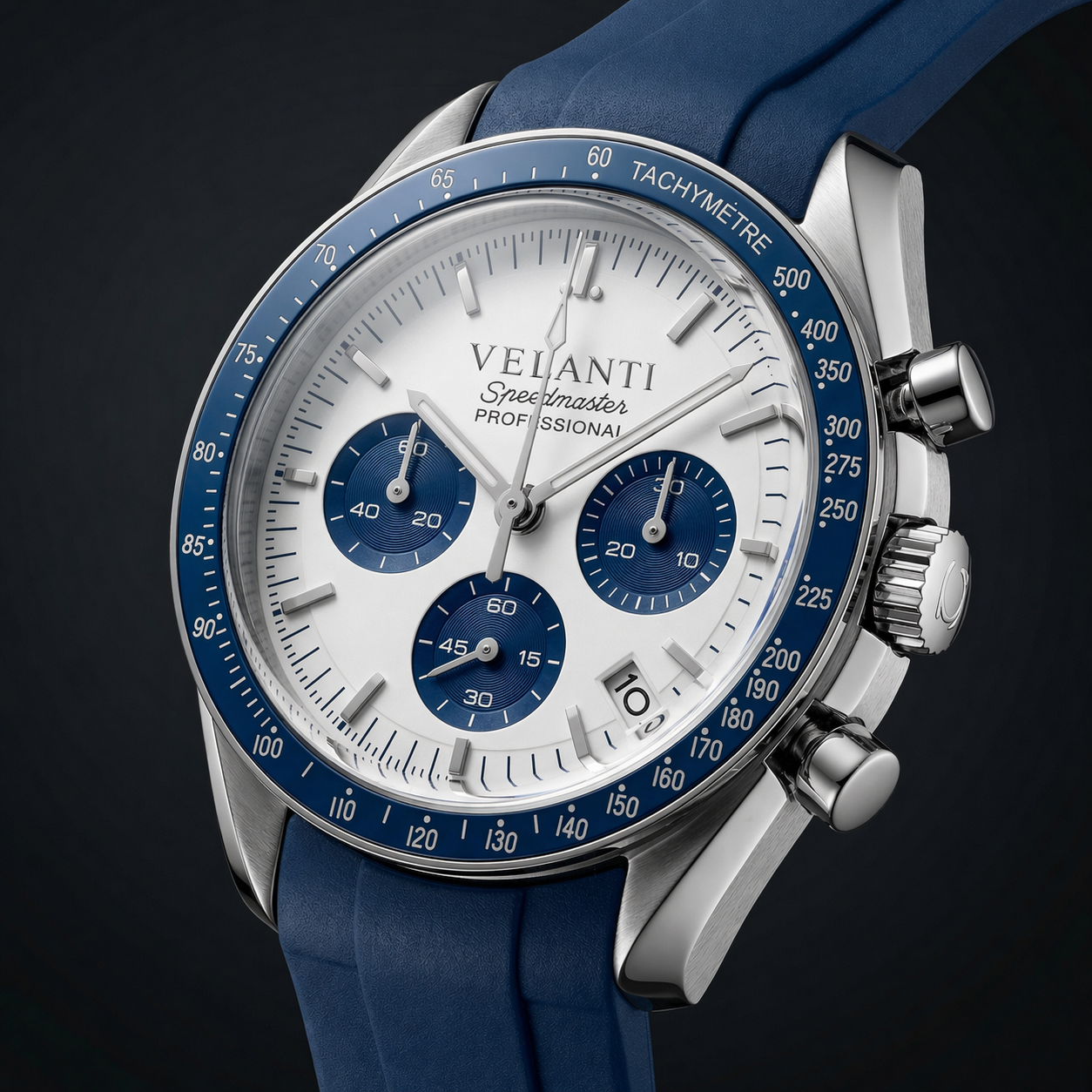 Speedmaster-style custom chronograph watch, Velanti Milano Speedvel Snoopy Blue, product photo 4